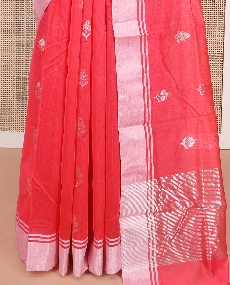 Red Chanderi Cotton Saree, Embellished with Floral Zari Buttas All Over Its Body, Highlighted by a Bavanji Border, Pallu Steeped with Zari Stripes, and Paired with a Matching Blouse - Image 4