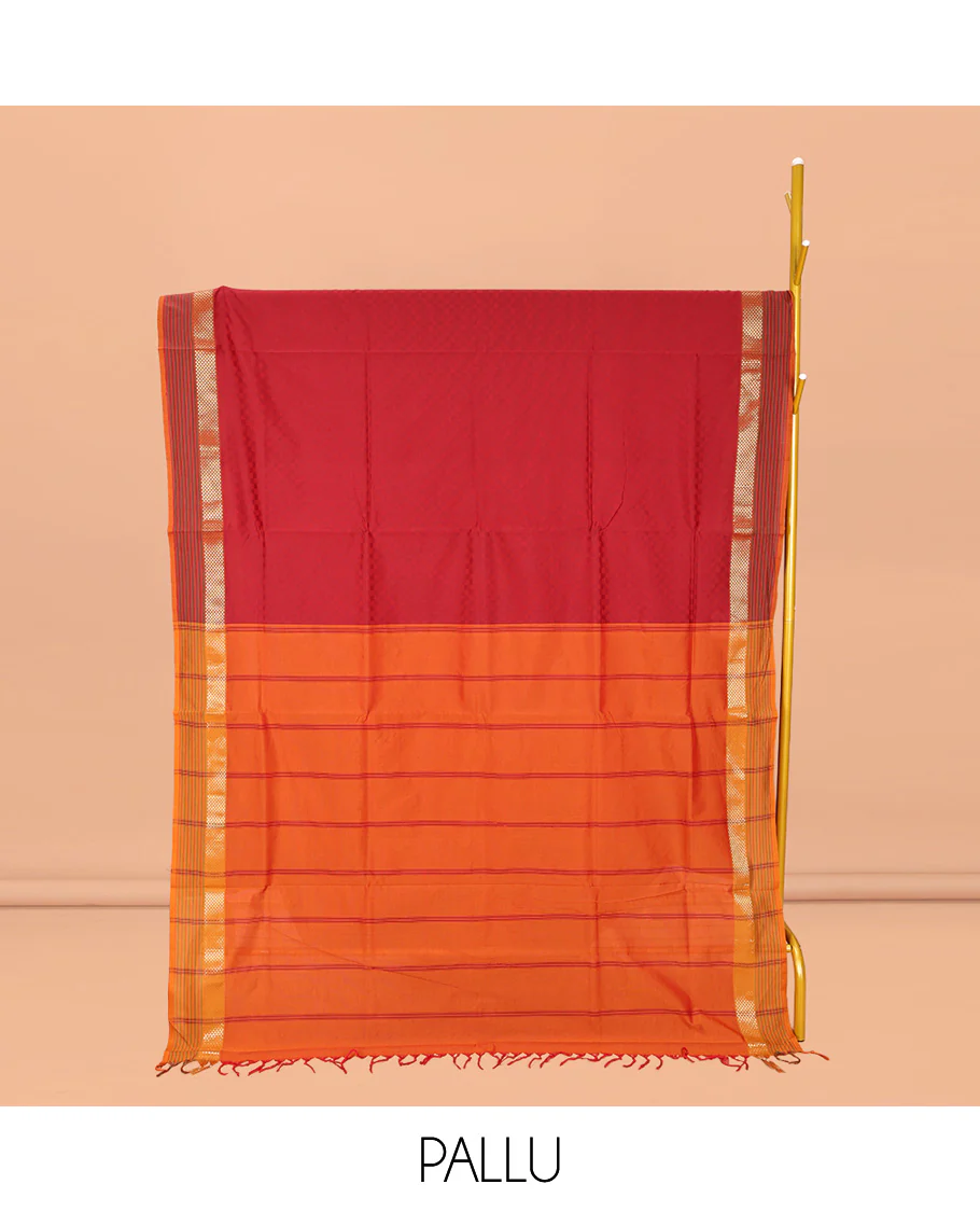 Red Checked Poly Cotton Saree, Complemented by a Contrast Zari Border, Contrast Striped Pallu, and Paired with a Contrast Blouse - Image 2
