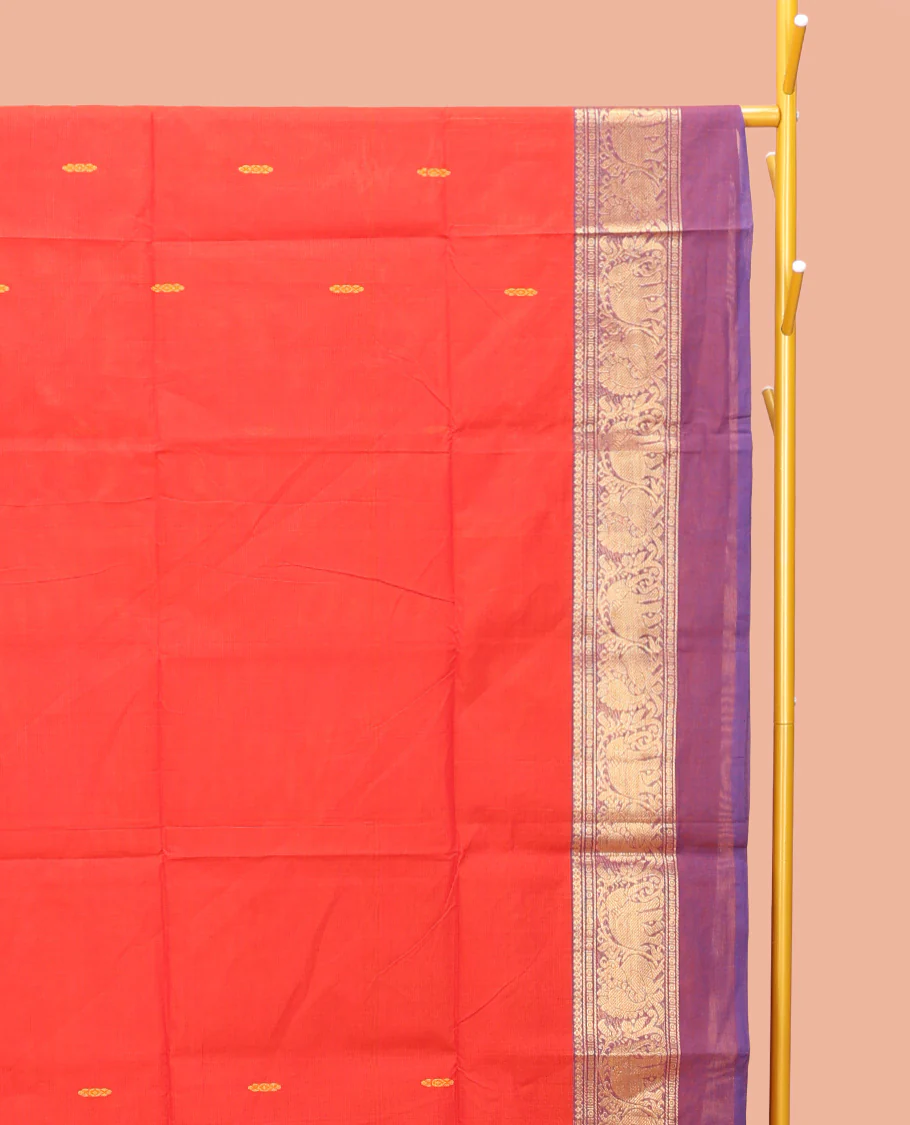 Red Chettinad Cotton Saree, Delicately Woven with Thread Buttas All Over Its Body, Complemented by a Contrast Ganga-Jamuna Kal Eragina Border of Kodi Peacock and Elephant Designs, Pallu of Buttas and Stripes, and Paired with a Matching Blouse - Image 2