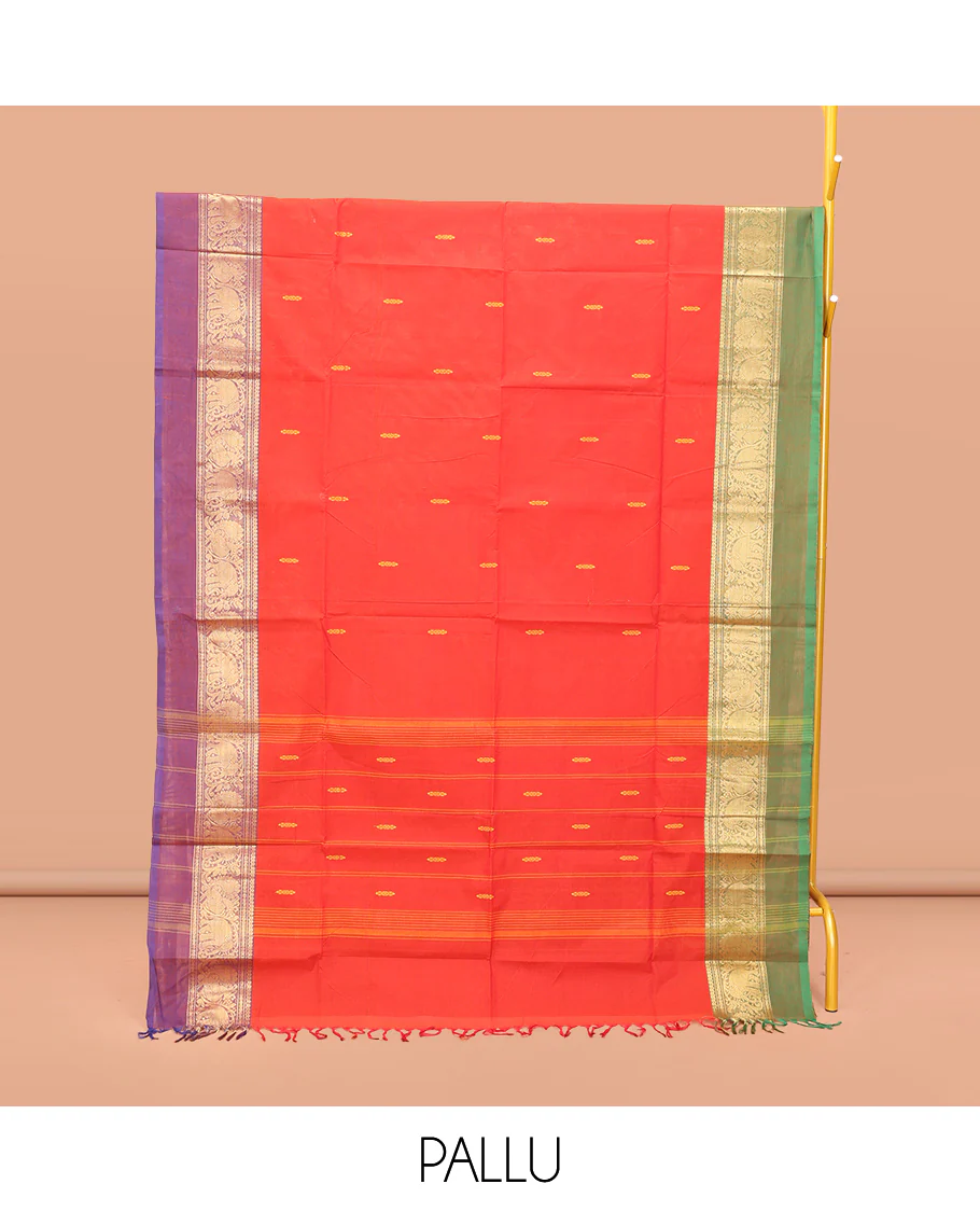 Red Chettinad Cotton Saree, Delicately Woven with Thread Buttas All Over Its Body, Complemented by a Contrast Ganga-Jamuna Kal Eragina Border of Kodi Peacock and Elephant Designs, Pallu of Buttas and Stripes, and Paired with a Matching Blouse - Image 3