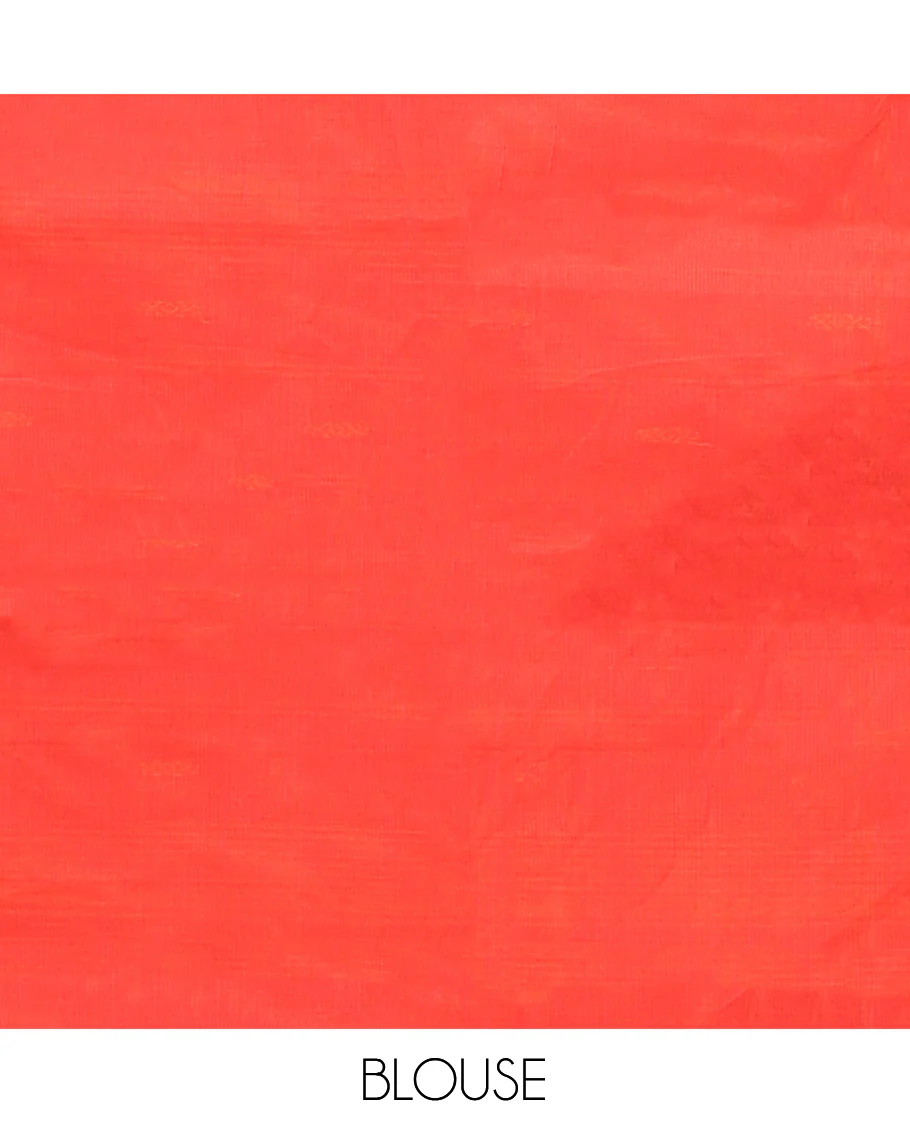 Red Chettinad Cotton Saree, Delicately Woven with Thread Buttas All Over Its Body, Complemented by a Contrast Ganga-Jamuna Kal Eragina Border of Kodi Peacock and Elephant Designs, Pallu of Buttas and Stripes, and Paired with a Matching Blouse - Image 4