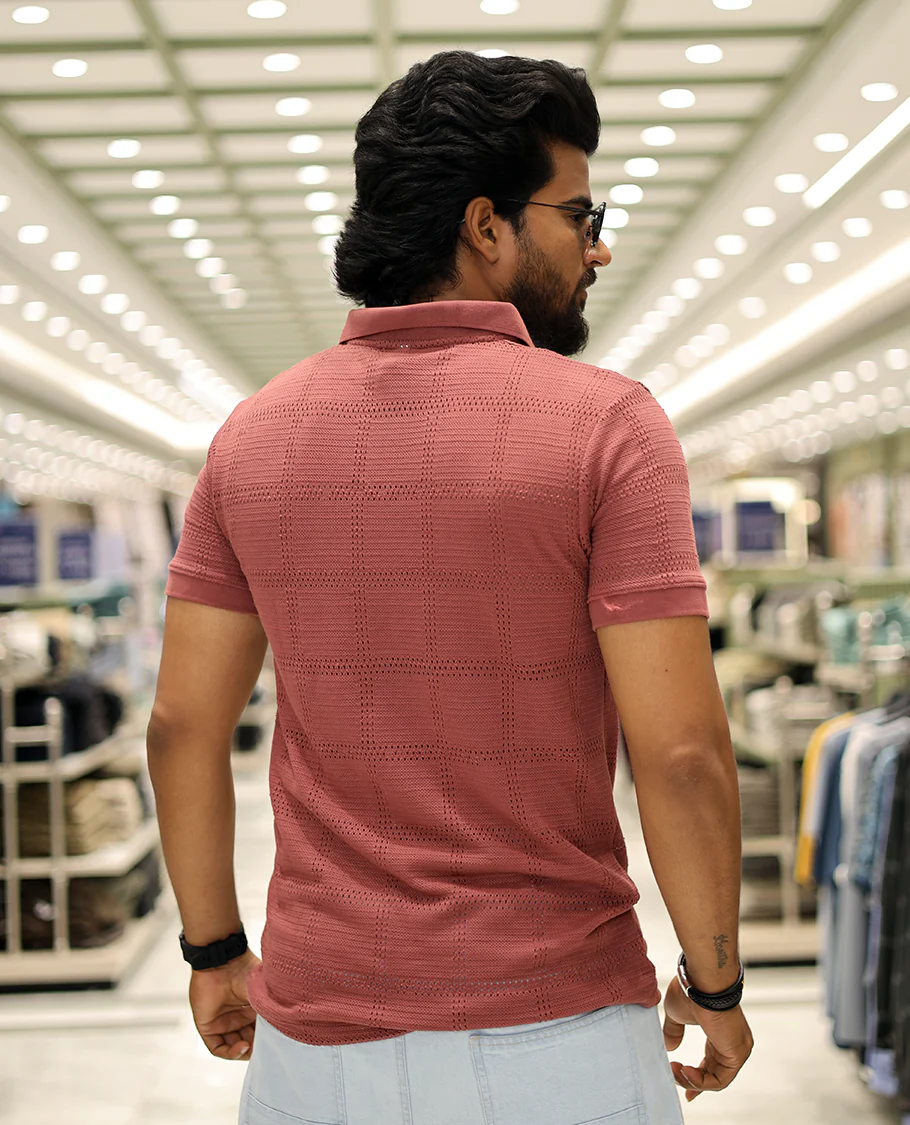 Red Corduroy T-Shirt Comes with a Checked Texture, a Polo Neck, Half-Sleeves, a Slim Fit, and Regular Length - Image 5