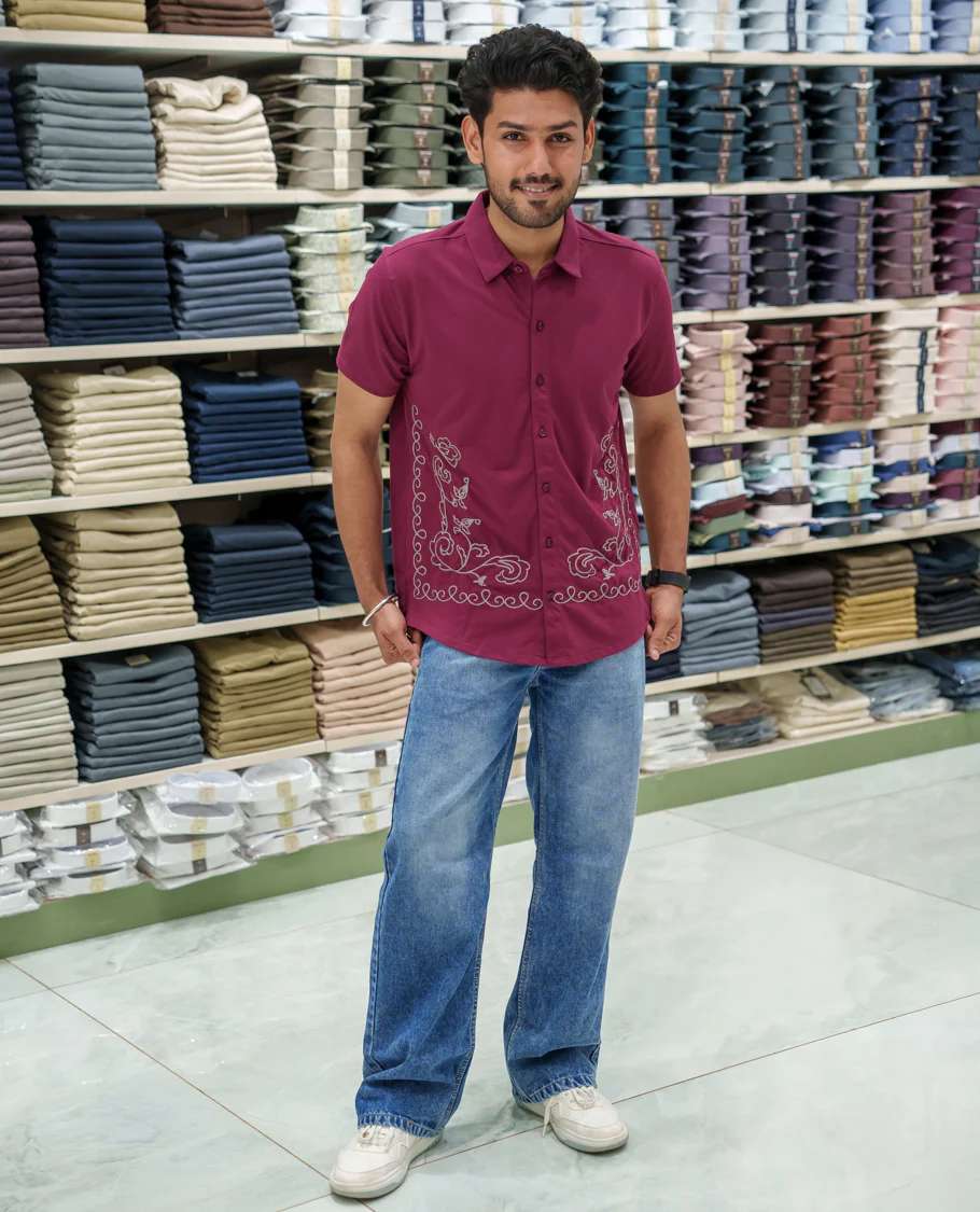 Red Cotton-Blended Casual Shirt Comes with Floral-Themed Thread Embroidery, Spread Collar, Half Sleeves, Regular Fit, and Regular Length - Image 2