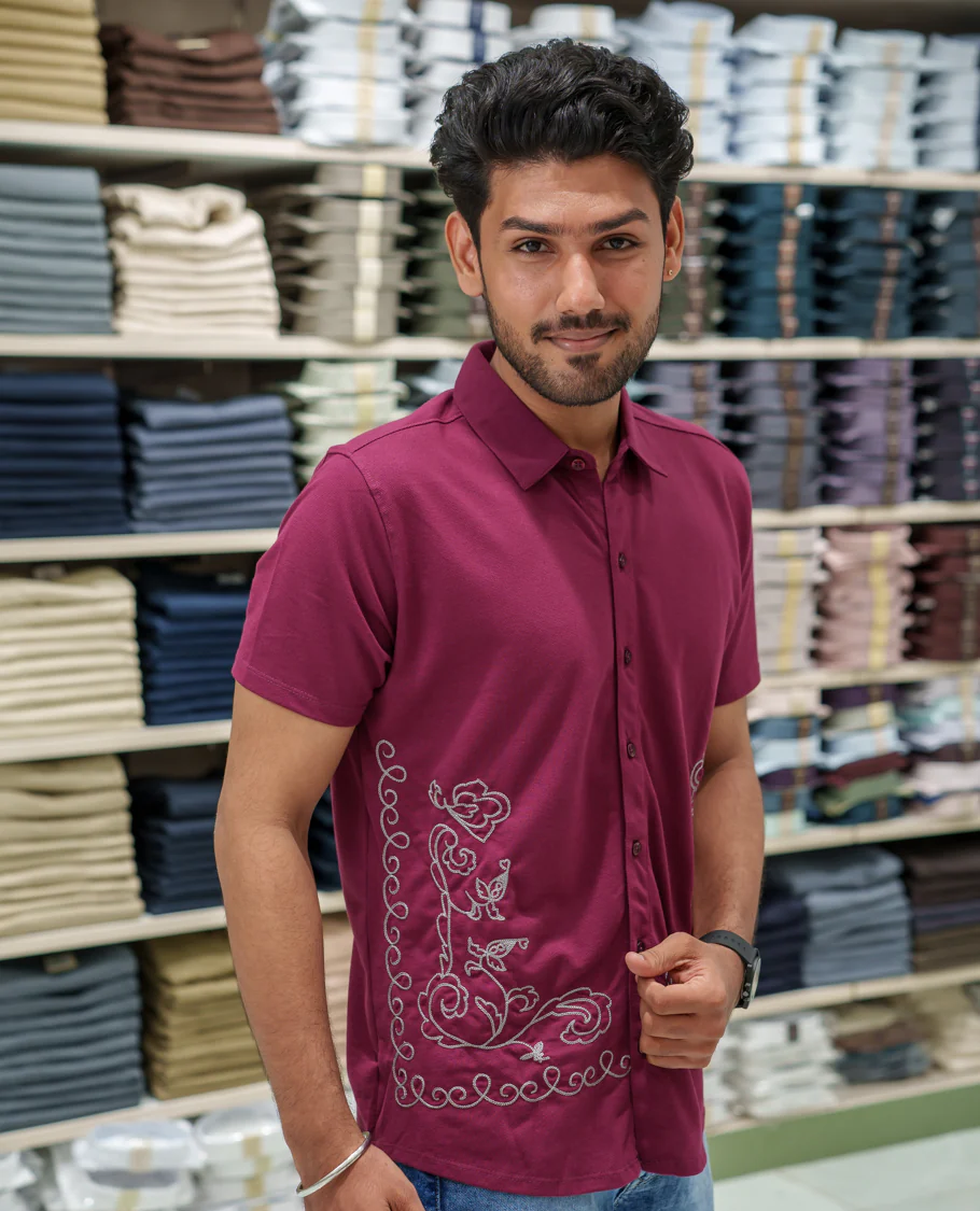 Red Cotton-Blended Casual Shirt Comes with Floral-Themed Thread Embroidery, Spread Collar, Half Sleeves, Regular Fit, and Regular Length - Image 4