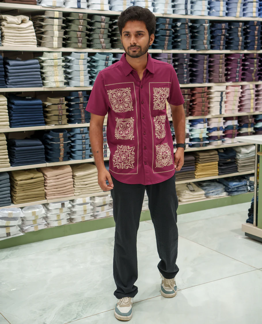 Red Cotton-Blended Casual Shirt Comes with Intricate Print, Spread Collar, Half Sleeves, Regular Fit, and Regular Length - Image 2