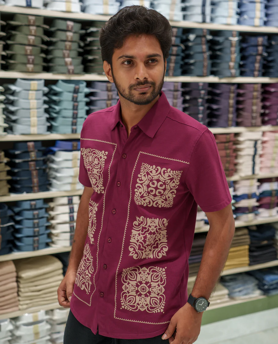 Red Cotton-Blended Casual Shirt Comes with Intricate Print, Spread Collar, Half Sleeves, Regular Fit, and Regular Length - Image 3