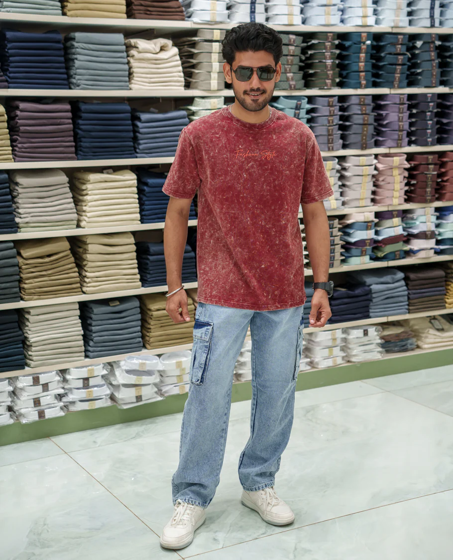 Red Cotton-Blended Lava-Wash T-Shirt Comes with a Typographic Print, Crew Neck, Half Sleeves, Oversized Fit, and Regular Length - Image 2