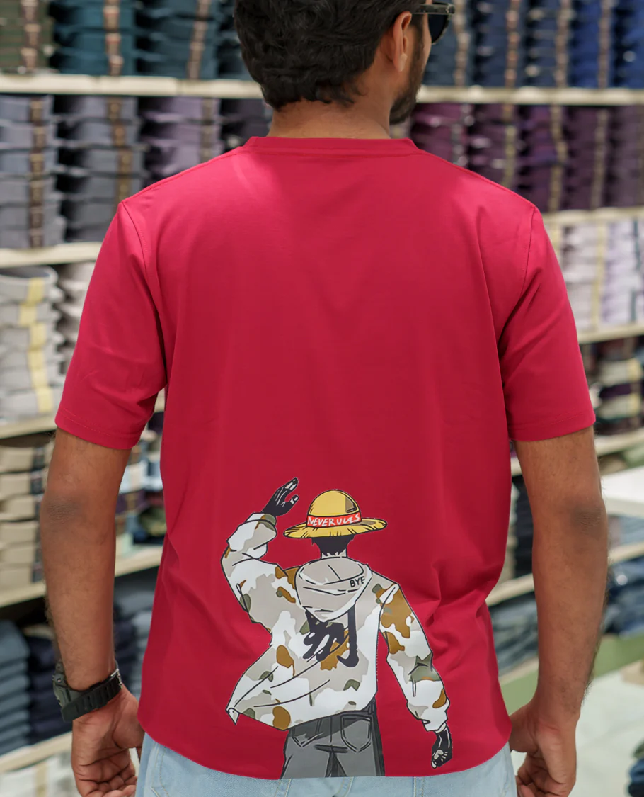Red Cotton-Blended T-Shirt Comes with an Human-Motifs Back Print, Crew Neck, Half Sleeves, Oversized Fit, and Regular Length - Image 2