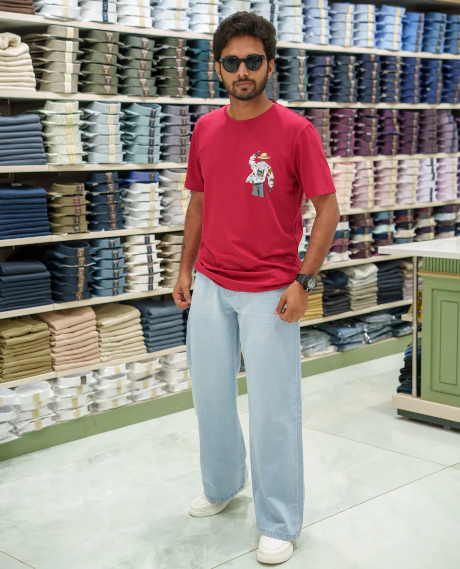 Red Cotton-Blended T-Shirt Comes with an Human-Motifs Back Print, Crew Neck, Half Sleeves, Oversized Fit, and Regular Length - Image 3