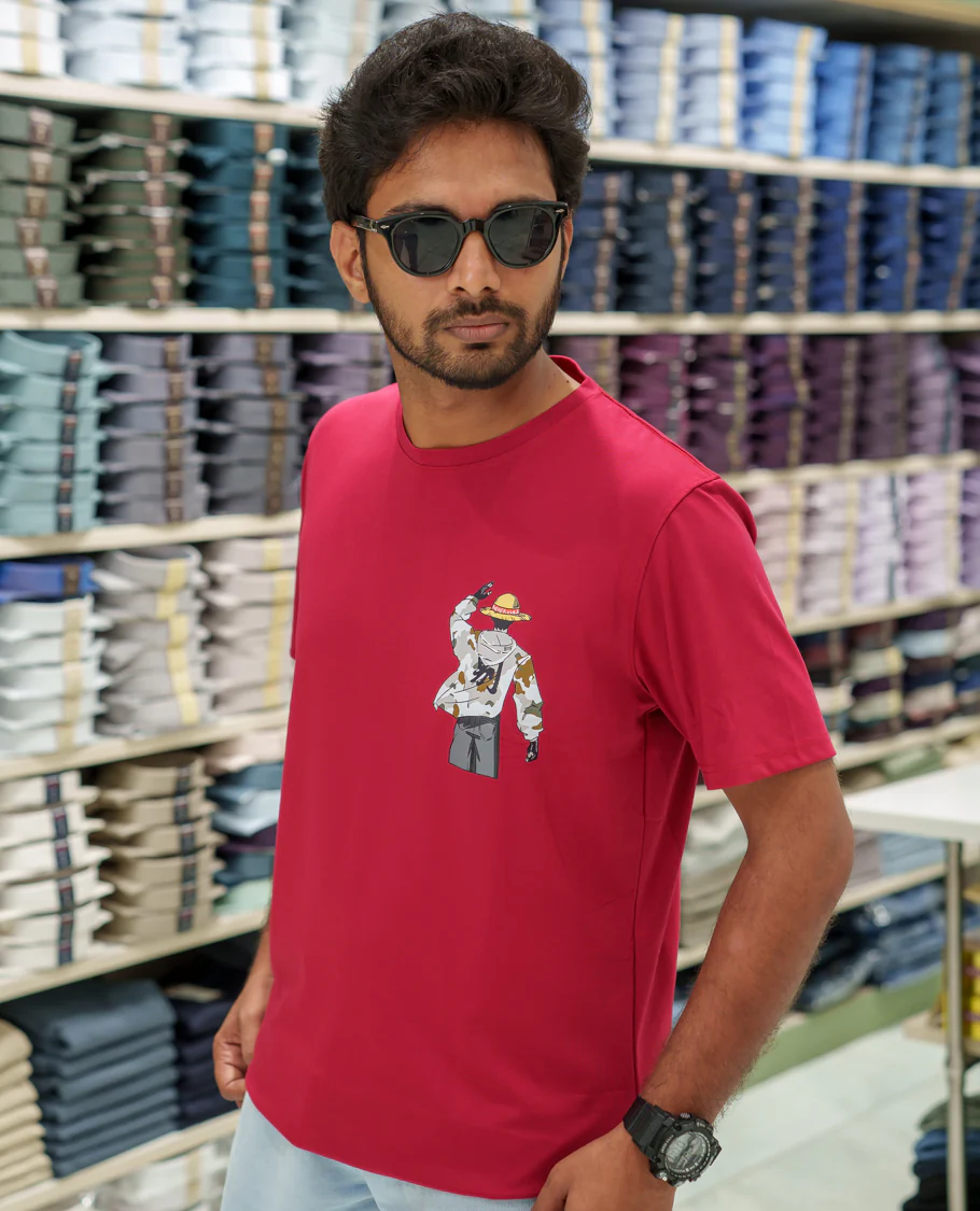 Red Cotton-Blended T-Shirt Comes with an Human-Motifs Back Print, Crew Neck, Half Sleeves, Oversized Fit, and Regular Length - Image 4