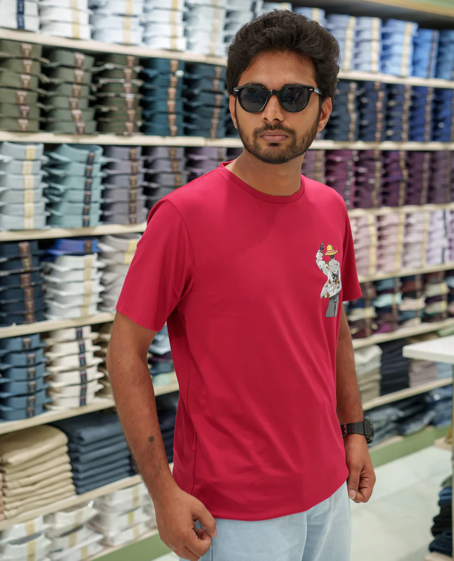 Red Cotton-Blended T-Shirt Comes with an Human-Motifs Back Print, Crew Neck, Half Sleeves, Oversized Fit, and Regular Length - Image 5