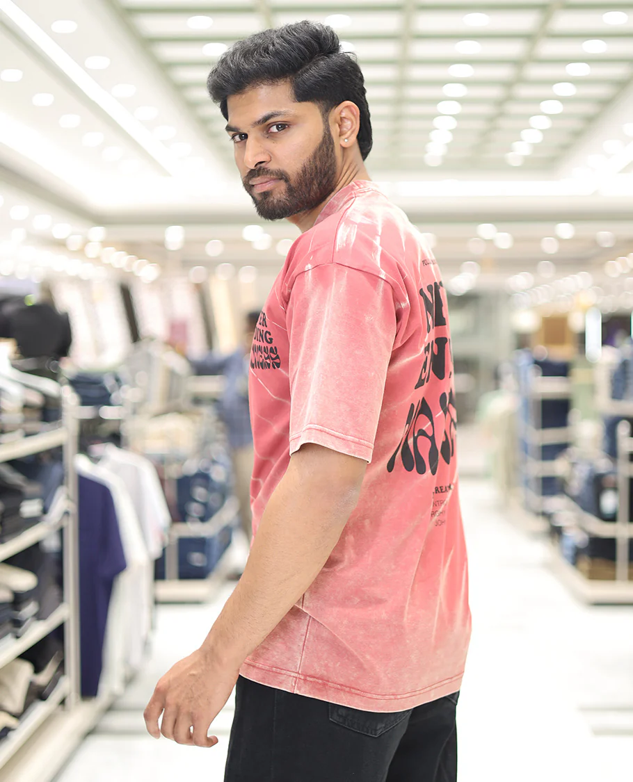 Red Cotton-Blended T-Shirt, Detailed with Typography Print, Comes with a Crew Neck, Half-Sleeves, Oversized Fit, and Long Length - Image 6