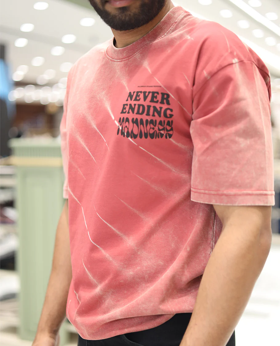 Red Cotton-Blended T-Shirt, Detailed with Typography Print, Comes with a Crew Neck, Half-Sleeves, Oversized Fit, and Long Length - Image 7