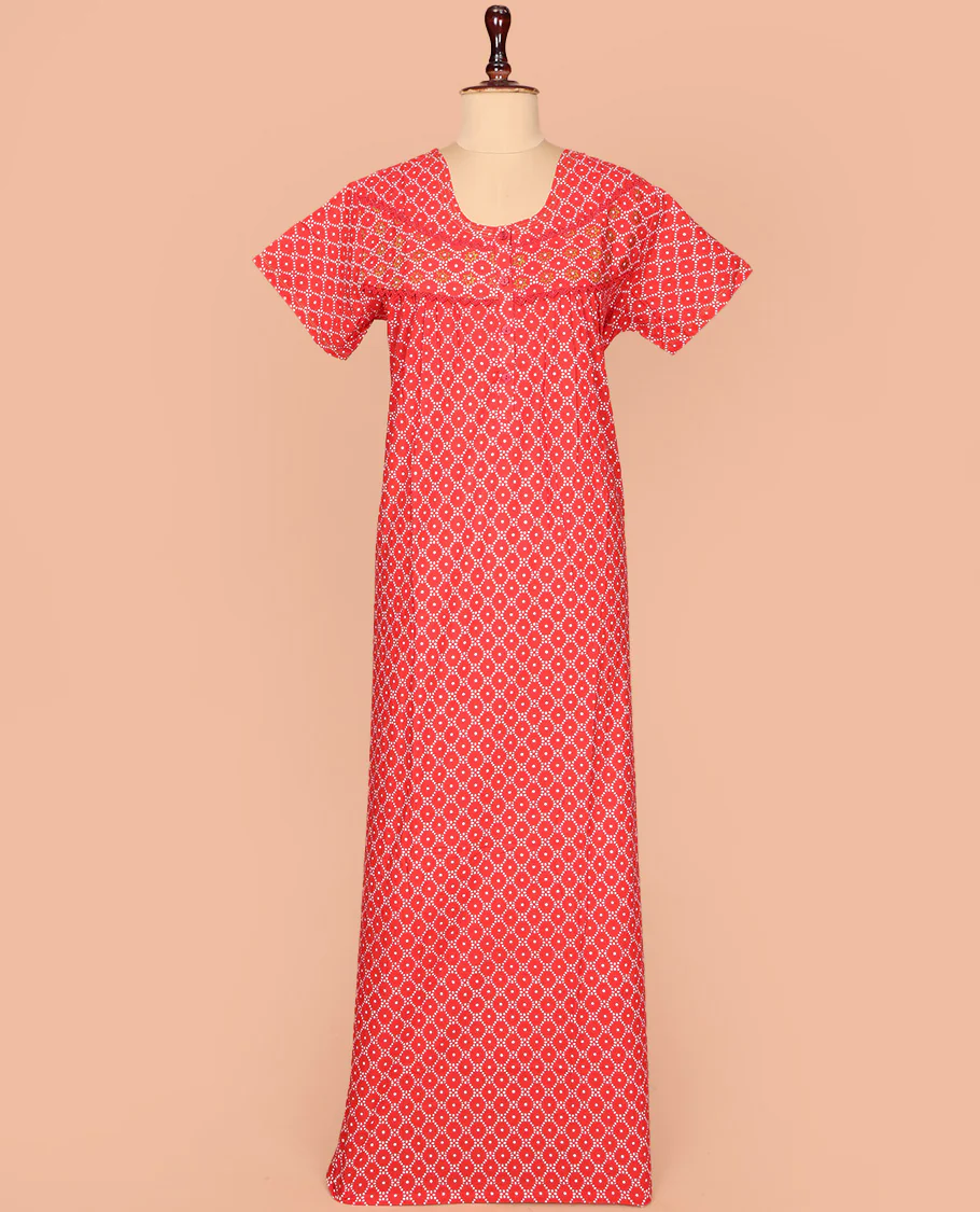 Red Cotton Nighty Decked Up with Ogee Patterns Print, Featuring Lace Work, Round Front Neck, and Half Sleeves - Image 2
