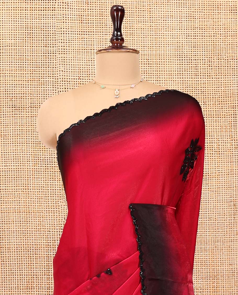 Red Designer Saree, Accentuated with Floral Print and Outline Stone Work All Over Its Body, Scallop Embroidered Border, and Paired with a Matching Blouse - Image 2