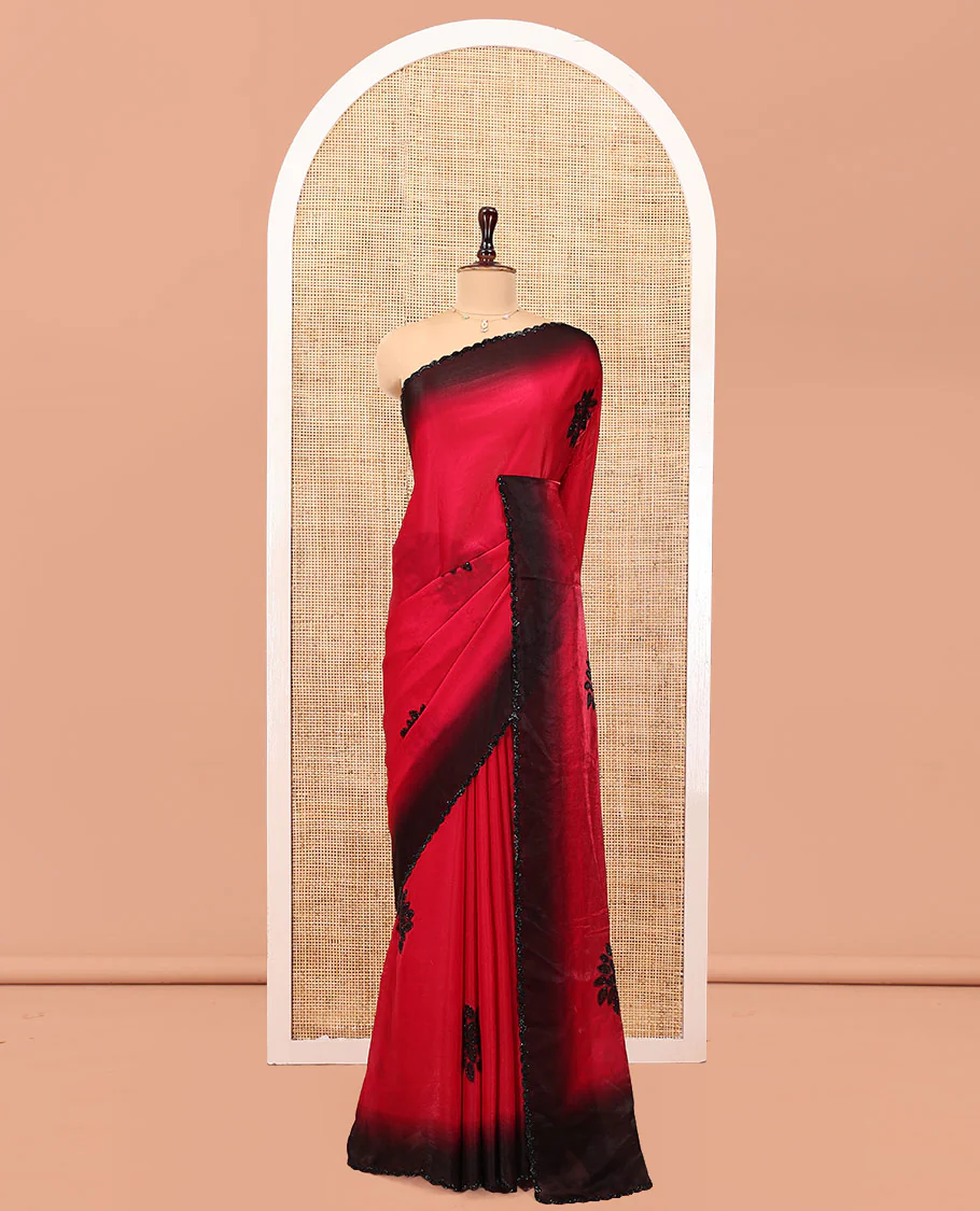 Red Designer Saree, Accentuated with Floral Print and Outline Stone Work All Over Its Body, Scallop Embroidered Border, and Paired with a Matching Blouse - Image 3