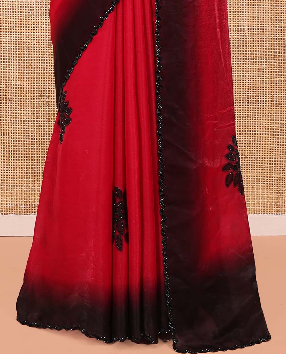 Red Designer Saree, Accentuated with Floral Print and Outline Stone Work All Over Its Body, Scallop Embroidered Border, and Paired with a Matching Blouse - Image 4