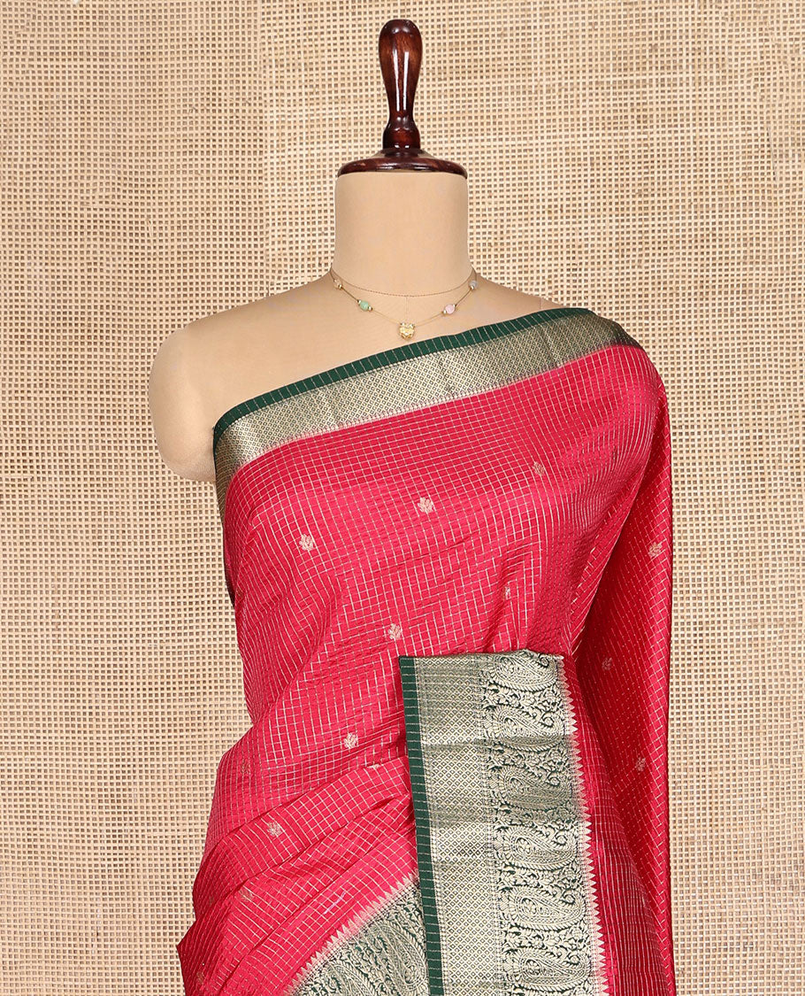 Red Dupion Silk Saree, Detailed with Zari Buttas and Micro-Checks, Complemented by a Contrast Traditional Zari Design Border, Zari Striped Pallu, and Has a Contrast Blouse - Image 2
