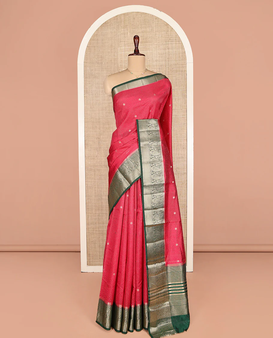 Red Dupion Silk Saree, Detailed with Zari Buttas and Micro-Checks, Complemented by a Contrast Traditional Zari Design Border, Zari Striped Pallu, and Has a Contrast Blouse - Image 3