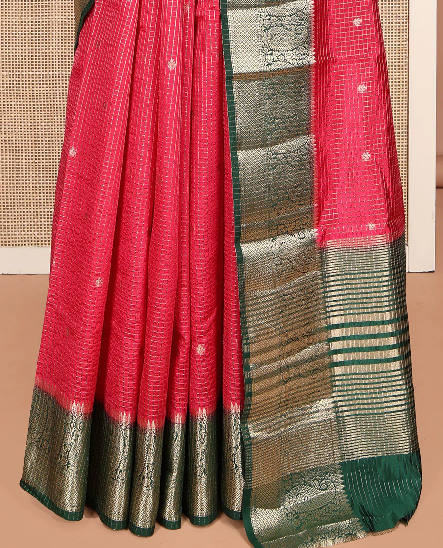 Red Dupion Silk Saree, Detailed with Zari Buttas and Micro-Checks, Complemented by a Contrast Traditional Zari Design Border, Zari Striped Pallu, and Has a Contrast Blouse - Image 4