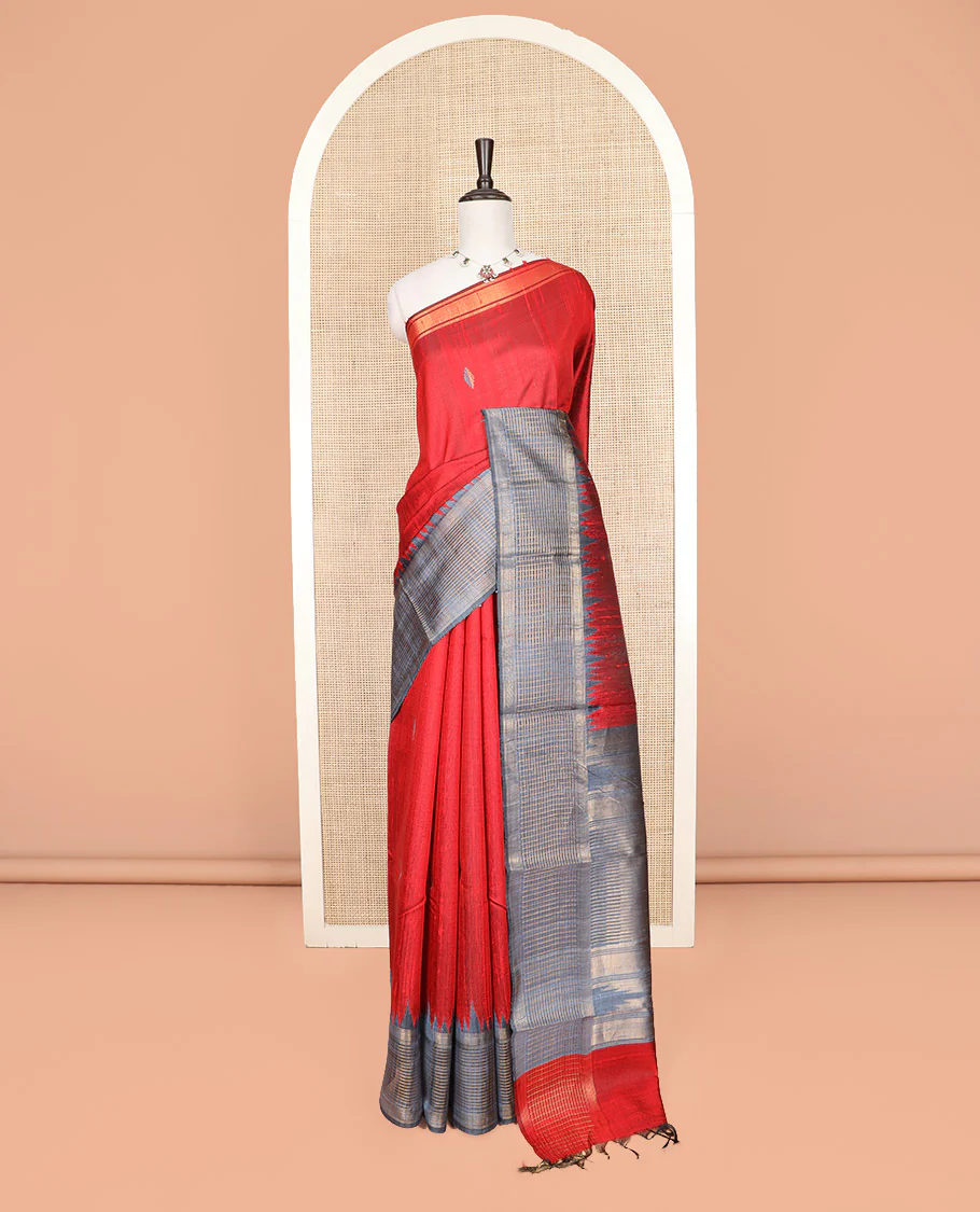 Red Dupion Silk Saree Featuring Geometric Buttas All Over Its Body, Highlighted by a Contrast Temple Border of Checked Patterns, Pallu Steeped with Zari Stripes, and Paired with a Contrast Blouse - Image 3