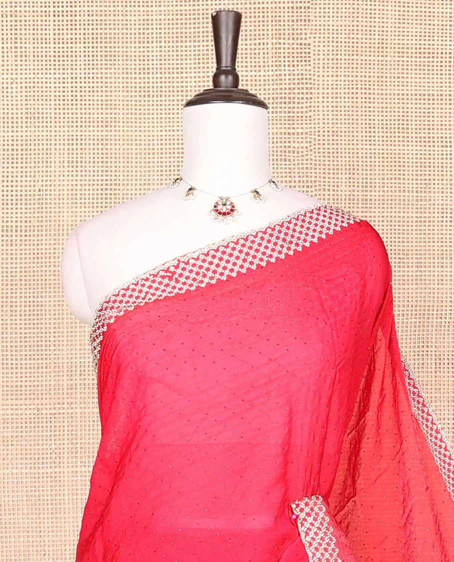 Red embroidery designer saree with stones embedded in its body, scallop stone work border - Image 2