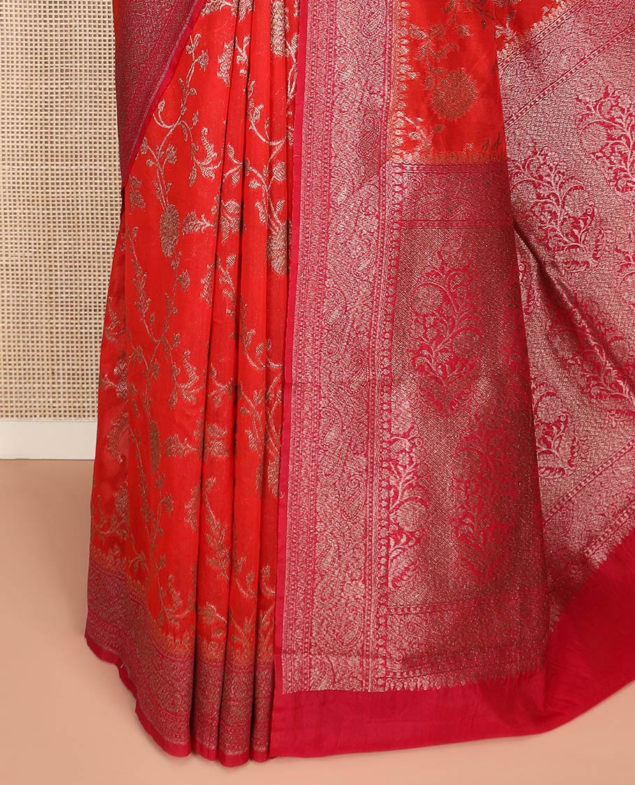 Red Fancy Georgette Saree Gracefully Embellished with Floral Jaal Jacquard Design, Highlighted by Zari Border of Paisleys, Zari Woven Pallu Featuring Floral Designs in Zari, and Paired with a Matching Blouse - Image 3