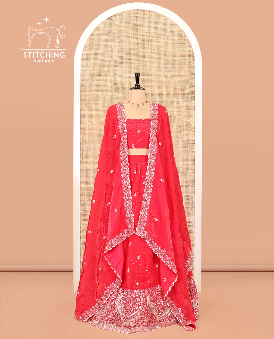 Red Fendi Organza Half-Saree, with Embroidered Buttas on Its Skirt, Embroidered Border with a Matching Blouse, and an Embroidered Organza Scallop Dhavani - Image 2