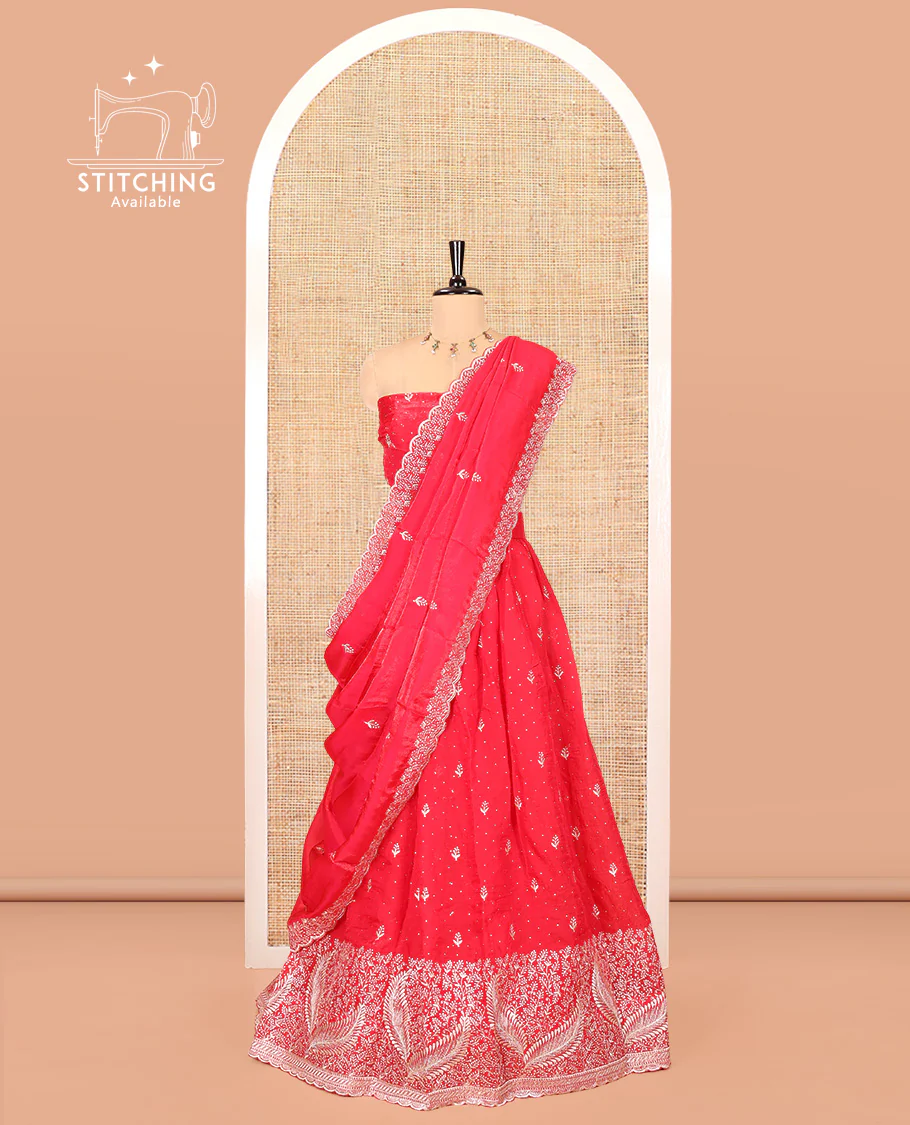 Red Fendi Organza Half-Saree, with Embroidered Buttas on Its Skirt, Embroidered Border with a Matching Blouse, and an Embroidered Organza Scallop Dhavani - Image 3