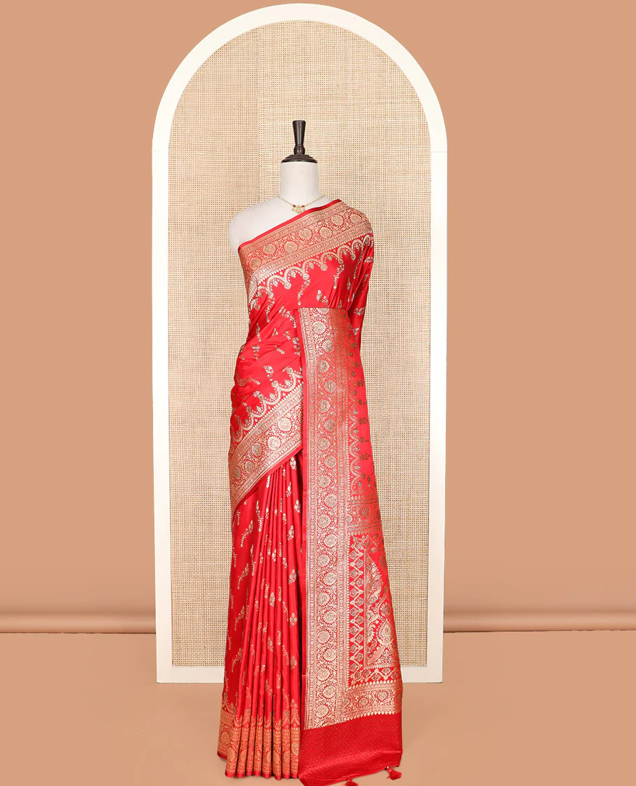 Red floral buttas and stone work banarasi silk saree, floral creeper design woven stone work border, and pallu of intricate designs - Image 3