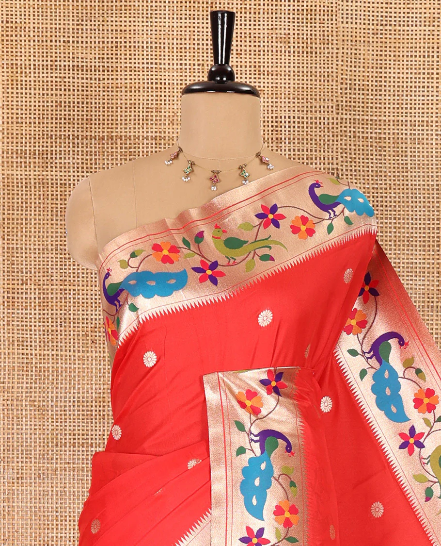 Red floral buttas art silk paithani saree, contrast floral creeper and peacock design border, pallu of peacock and floral vine, and a matching blouse - Image 2