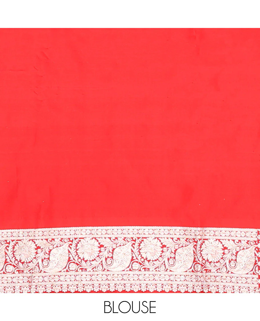 Red floral jacquard banarasi silk saree, self-border of floral & leaf creeper designs & intricately woven pallu of floral & paisley designs - Image 6