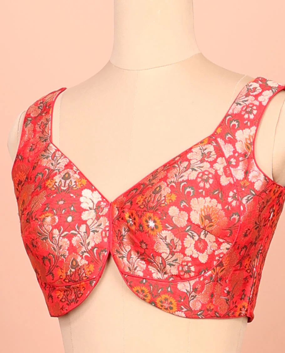 Red floral meenakari jacquard front-back V-neck sleeveless readymade blouse - Image 2