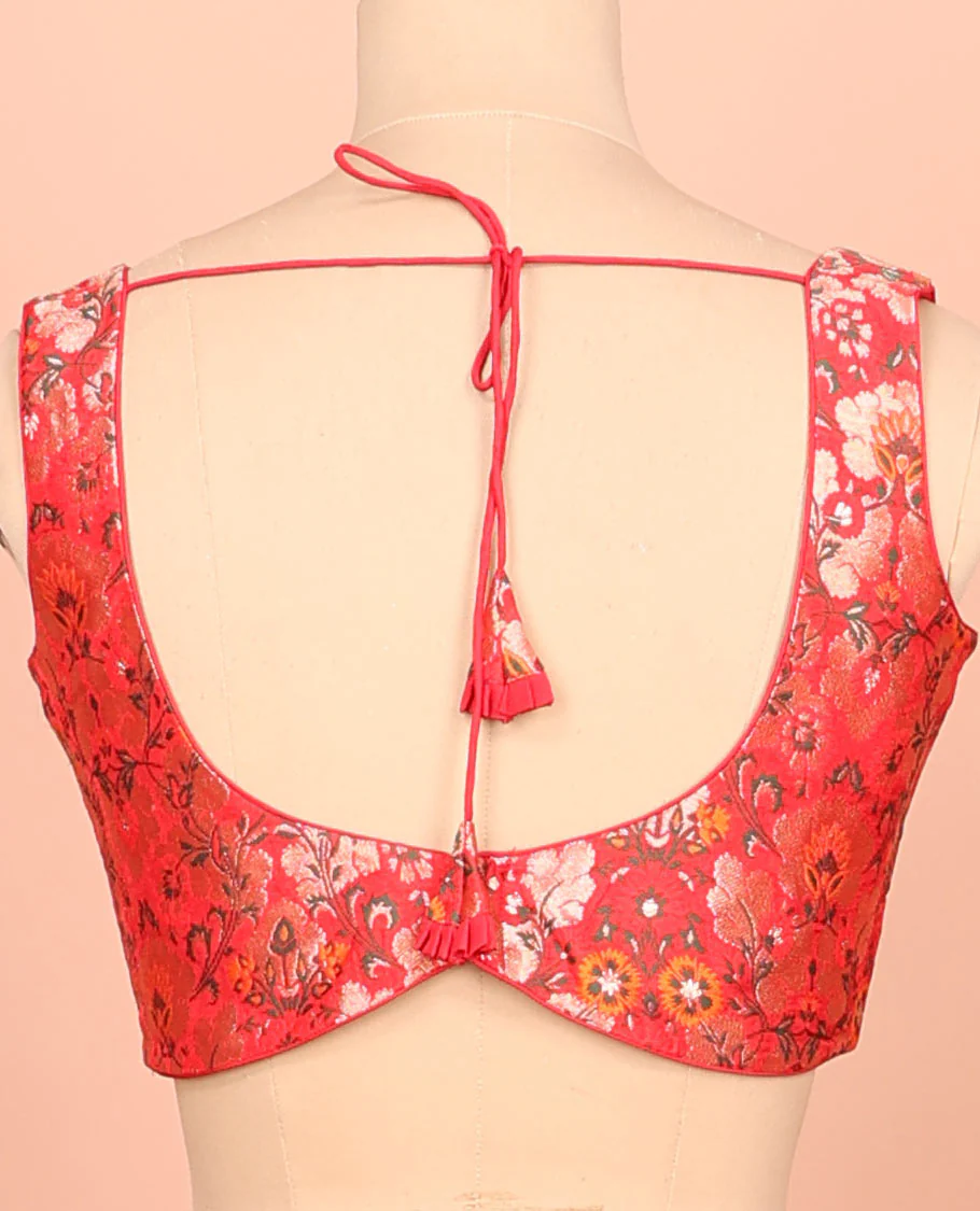 Red floral meenakari jacquard front-back V-neck sleeveless readymade blouse - Image 4