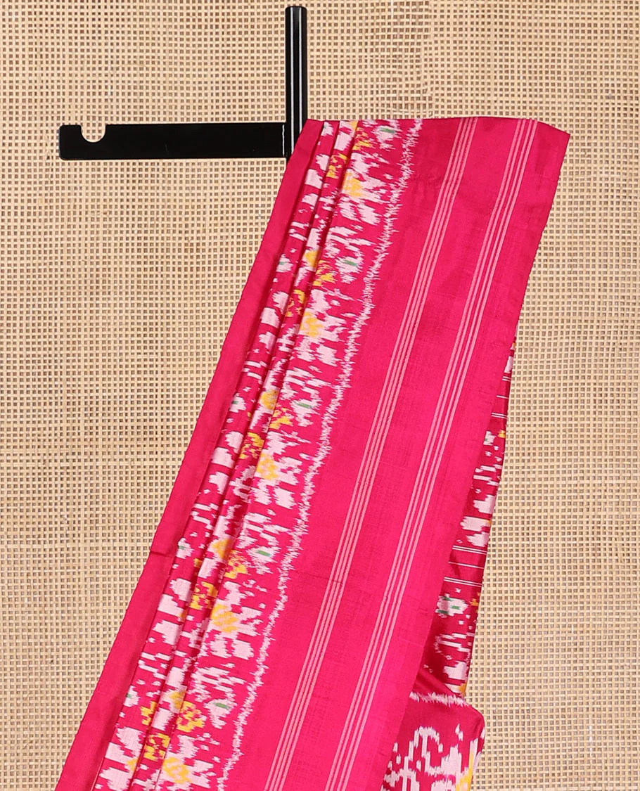Red floral motifs ikkat saree with self striped border & striped floral design pallu - Image 4