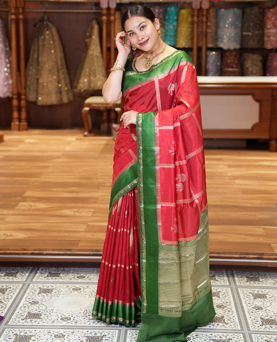 Red Mango-Silk Saree, Artfully Detailed with Meena Butta Enclosed Checks All Over Its Body, Complemented by a Contrast Floral Creeper Meenakari Border, Gleaming Zari Striped Pallu, and Paired with a Contrast Blouse - Image 3