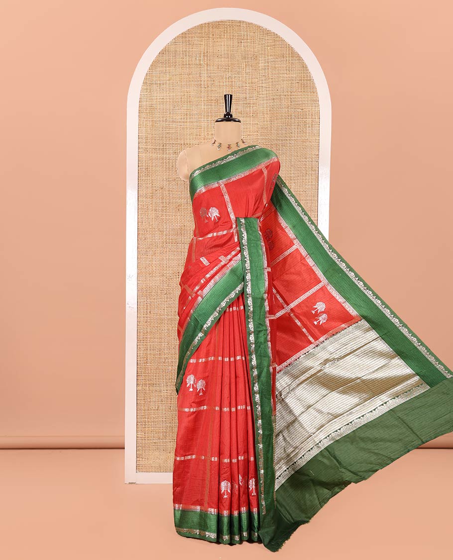 Red Mango-Silk Saree, Artfully Detailed with Meena Butta Enclosed Checks All Over Its Body, Complemented by a Contrast Floral Creeper Meenakari Border, Gleaming Zari Striped Pallu, and Paired with a Contrast Blouse - Image 4