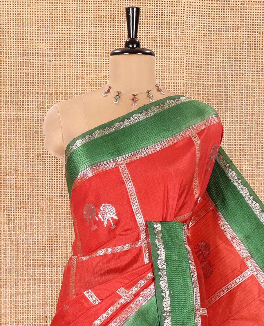 Red Mango-Silk Saree, Artfully Detailed with Meena Butta Enclosed Checks All Over Its Body, Complemented by a Contrast Floral Creeper Meenakari Border, Gleaming Zari Striped Pallu, and Paired with a Contrast Blouse - Image 5