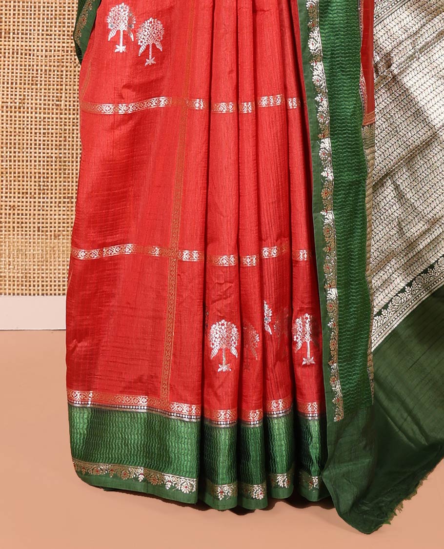 Red Mango-Silk Saree, Artfully Detailed with Meena Butta Enclosed Checks All Over Its Body, Complemented by a Contrast Floral Creeper Meenakari Border, Gleaming Zari Striped Pallu, and Paired with a Contrast Blouse - Image 6