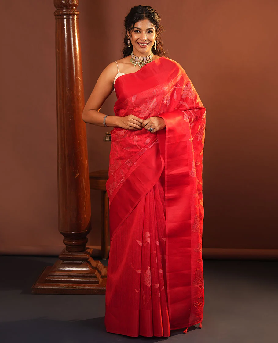 Red Green Silk Saree, Finely Crafted with Floral Vine Cross Stitch Embroidery on Its Body, Subtle Self-Satin Border, Pallu of Floral Vine Cross Stitch Embroidery, and Paired with a Plain Blouse