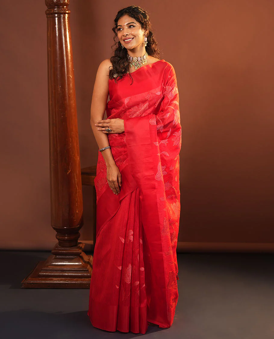 Red Green Silk Saree, Finely Crafted with Floral Vine Cross Stitch Embroidery on Its Body, Subtle Self-Satin Border, Pallu of Floral Vine Cross Stitch Embroidery, and Paired with a Plain Blouse - Image 5