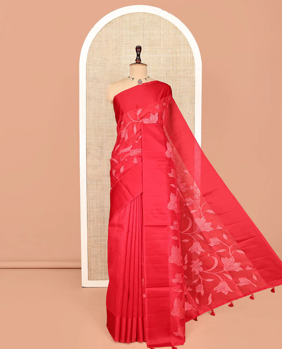 Red Green Silk Saree, Finely Crafted with Floral Vine Cross Stitch Embroidery on Its Body, Subtle Self-Satin Border, Pallu of Floral Vine Cross Stitch Embroidery, and Paired with a Plain Blouse - Image 6