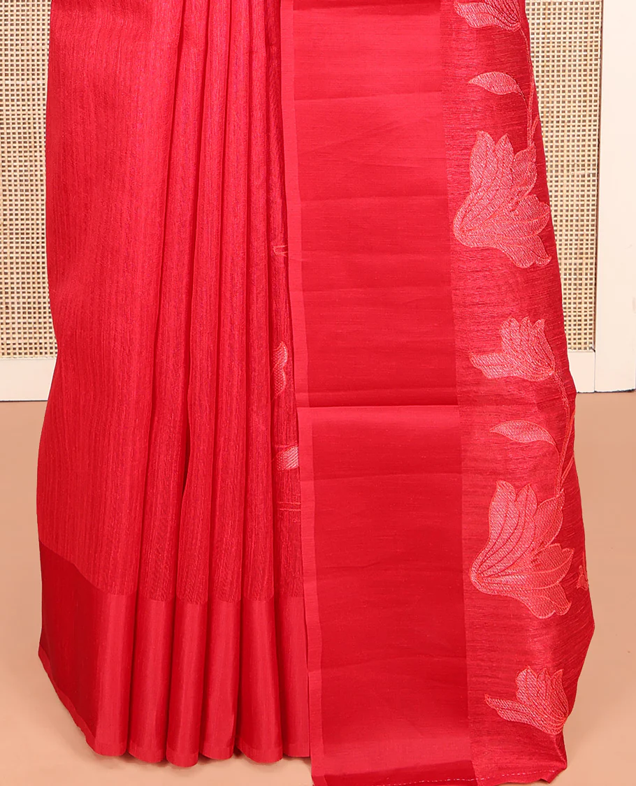 Red Green Silk Saree, Finely Crafted with Floral Vine Cross Stitch Embroidery on Its Body, Subtle Self-Satin Border, Pallu of Floral Vine Cross Stitch Embroidery, and Paired with a Plain Blouse - Image 9