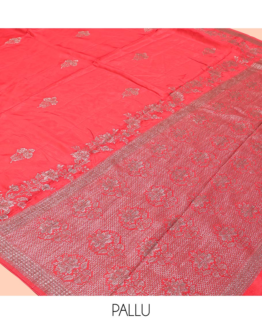 Red HO-Silk Saree, Adorned with Floral Zari Buttas All Over Its Body, Highlighted by Self-Border of Floral Creeper Designs, Floral Jaal Pallu and Paired with a Plain Blouse - Image 5
