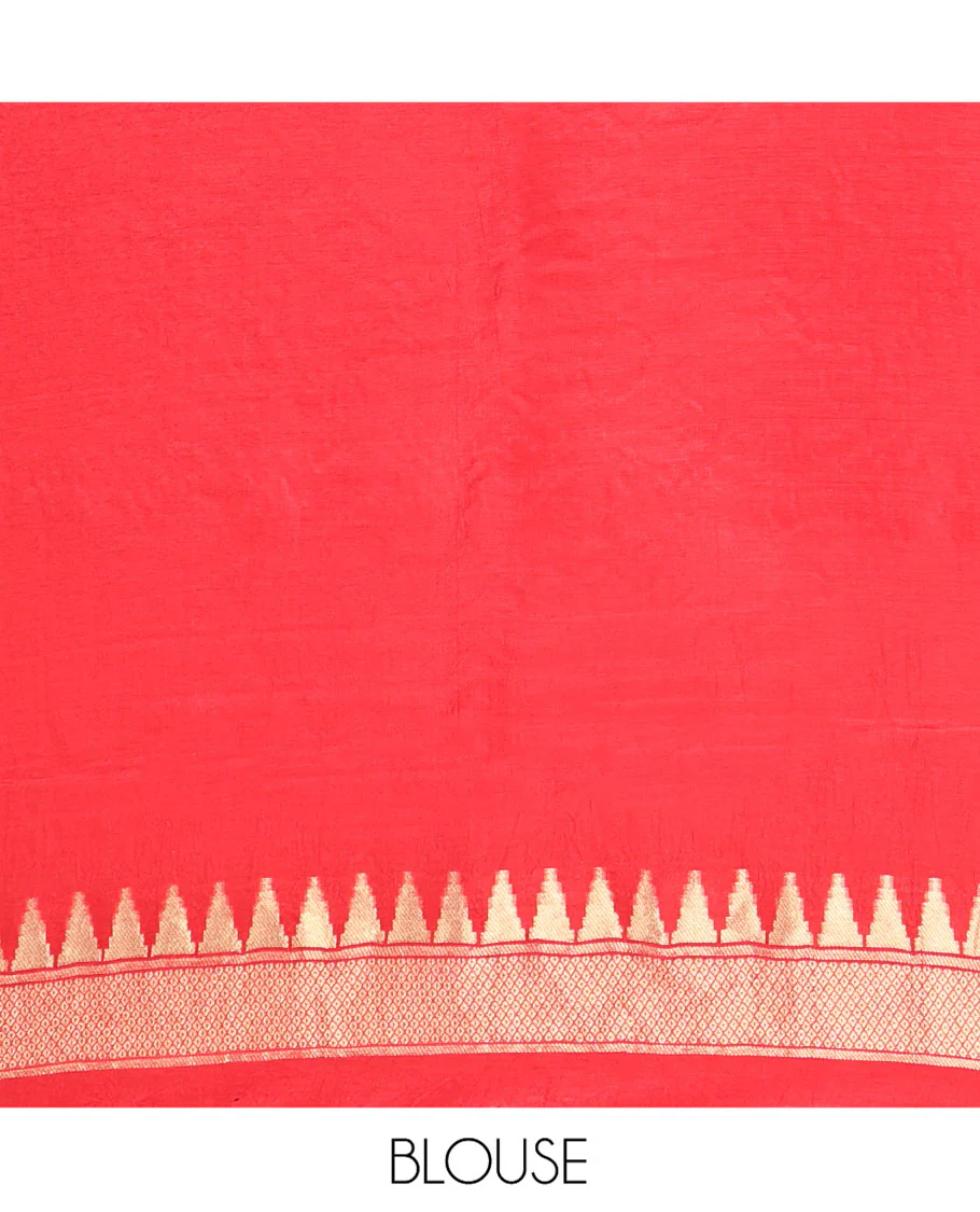 Red HO-Silk Saree, Elevated with Diamond Buttas All Over Its Body, Highlighted by Temple Border, Complemented by Pallu Depicting Floral and Crane Motifs, Paired with a Matching Blouse - Image 10