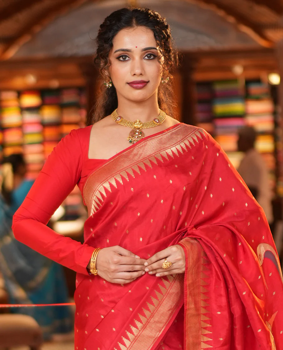 Red HO-Silk Saree, Elevated with Diamond Buttas All Over Its Body, Highlighted by Temple Border, Complemented by Pallu Depicting Floral and Crane Motifs, Paired with a Matching Blouse - Image 2