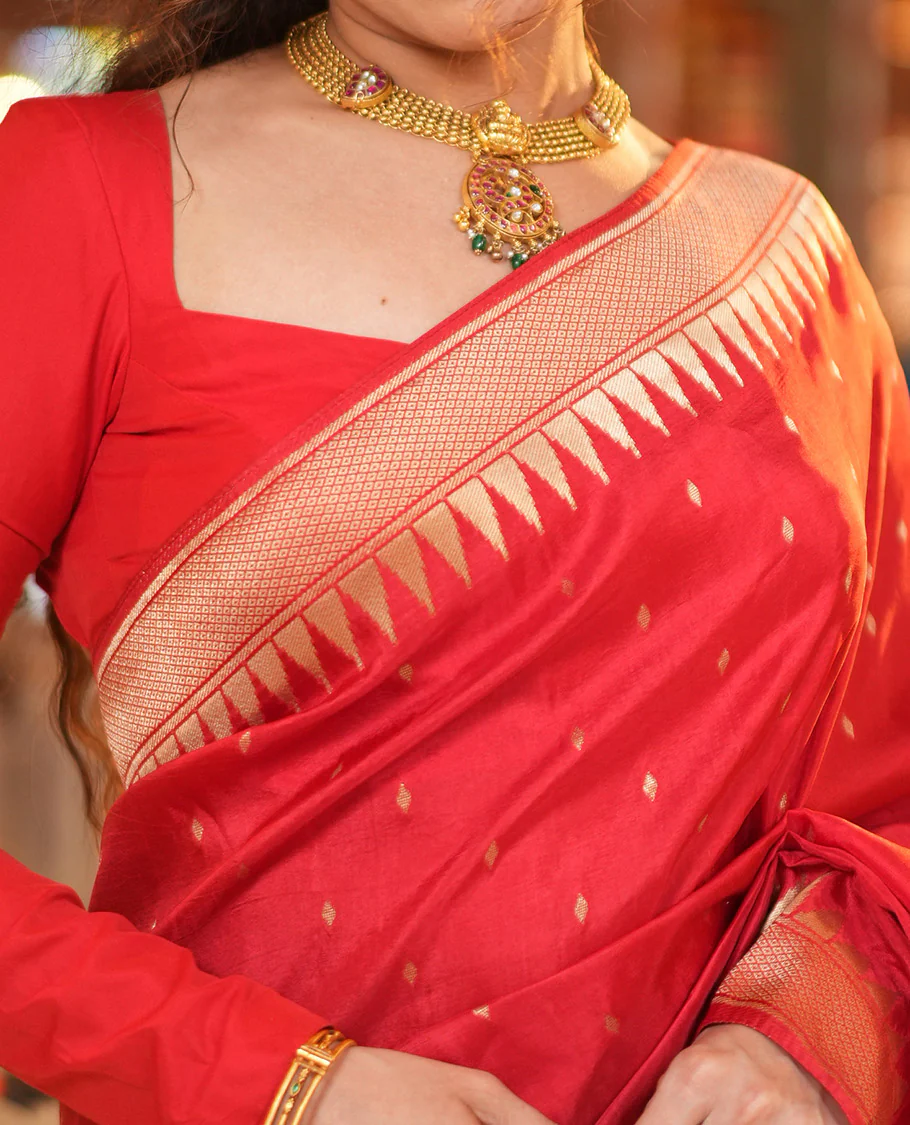 Red HO-Silk Saree, Elevated with Diamond Buttas All Over Its Body, Highlighted by Temple Border, Complemented by Pallu Depicting Floral and Crane Motifs, Paired with a Matching Blouse - Image 3