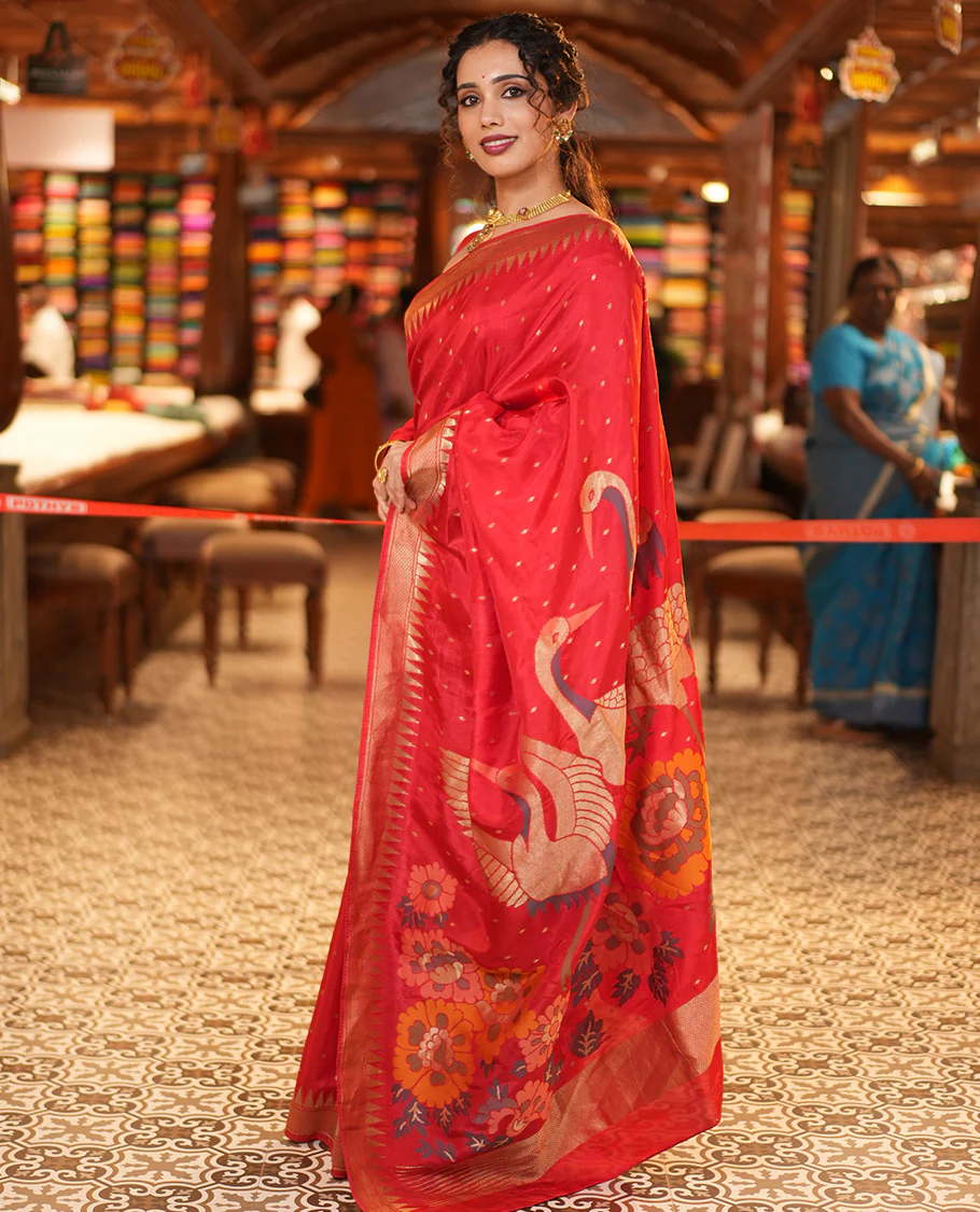 Red HO-Silk Saree, Elevated with Diamond Buttas All Over Its Body, Highlighted by Temple Border, Complemented by Pallu Depicting Floral and Crane Motifs, Paired with a Matching Blouse - Image 4
