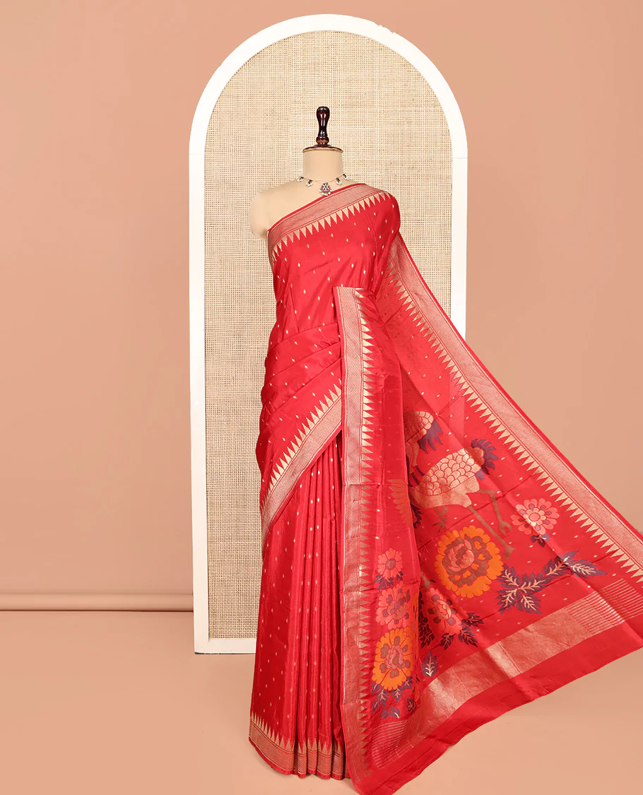 Red HO-Silk Saree, Elevated with Diamond Buttas All Over Its Body, Highlighted by Temple Border, Complemented by Pallu Depicting Floral and Crane Motifs, Paired with a Matching Blouse - Image 5
