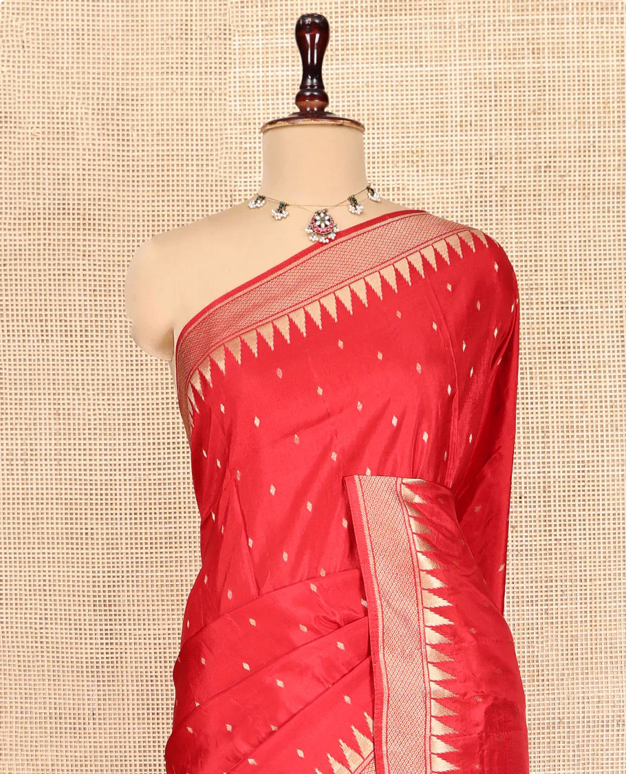 Red HO-Silk Saree, Elevated with Diamond Buttas All Over Its Body, Highlighted by Temple Border, Complemented by Pallu Depicting Floral and Crane Motifs, Paired with a Matching Blouse - Image 6